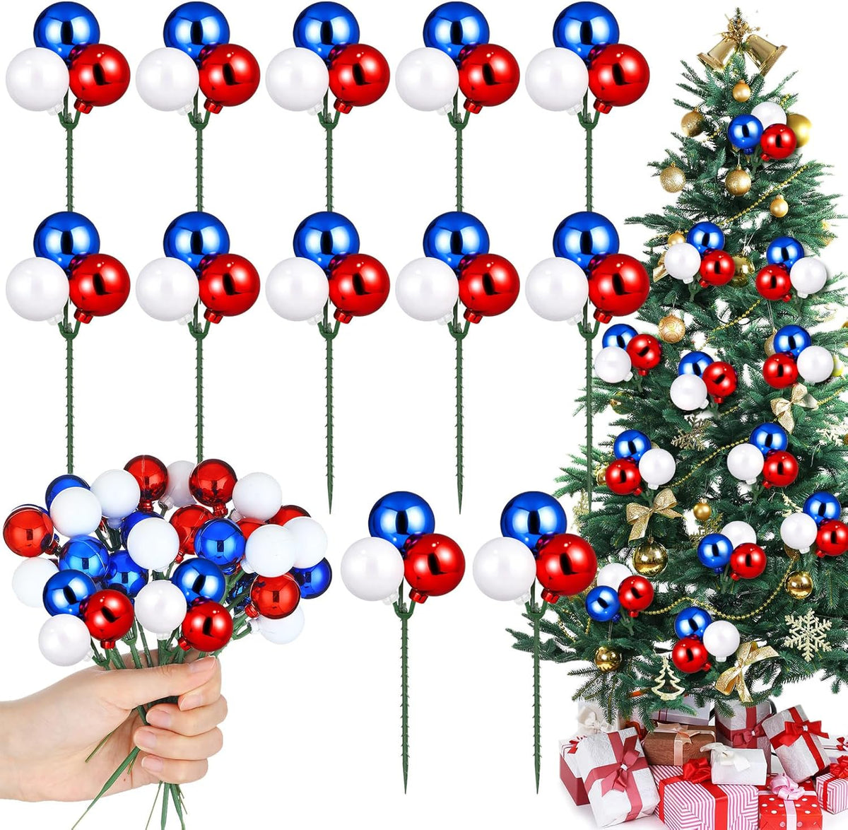 Syhood 12 Sets 7.9 Inch Red White Blue Veterans Day Ball Picks and Sprays