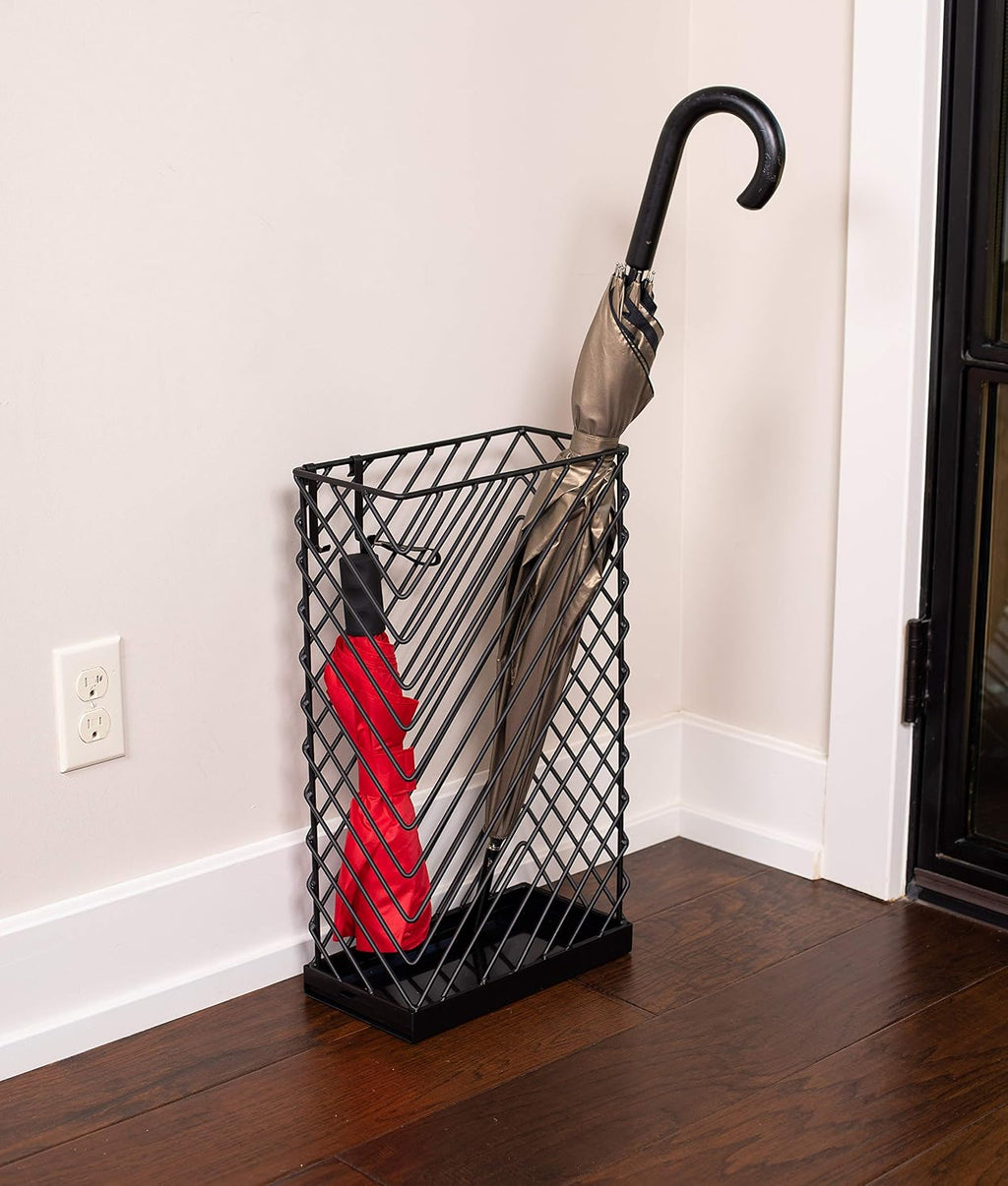 BIRDROCK HOME Decorative Umbrella Stand with Removable Water Tray - Large Metal Umbrella Rack and Cane Walking Stick Organizer for Entryway - Umbrella Holder for Indoor & Outdoor - Black, Diagonal