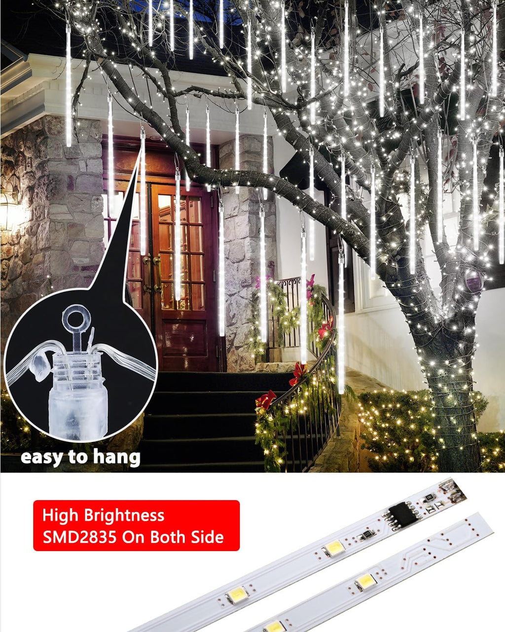 Christmas Lights Outdoor 10 Tubes White Meteor Shower Icicle Lights 240 LED