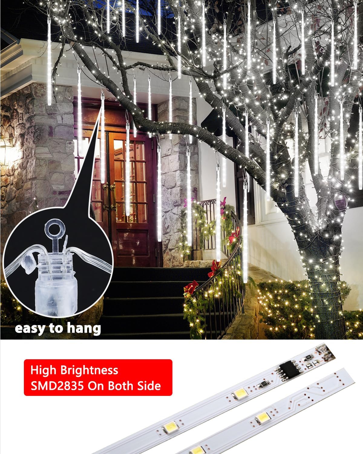 Christmas Lights Outdoor 10 Tubes White Meteor Shower Icicle Lights 240 LED