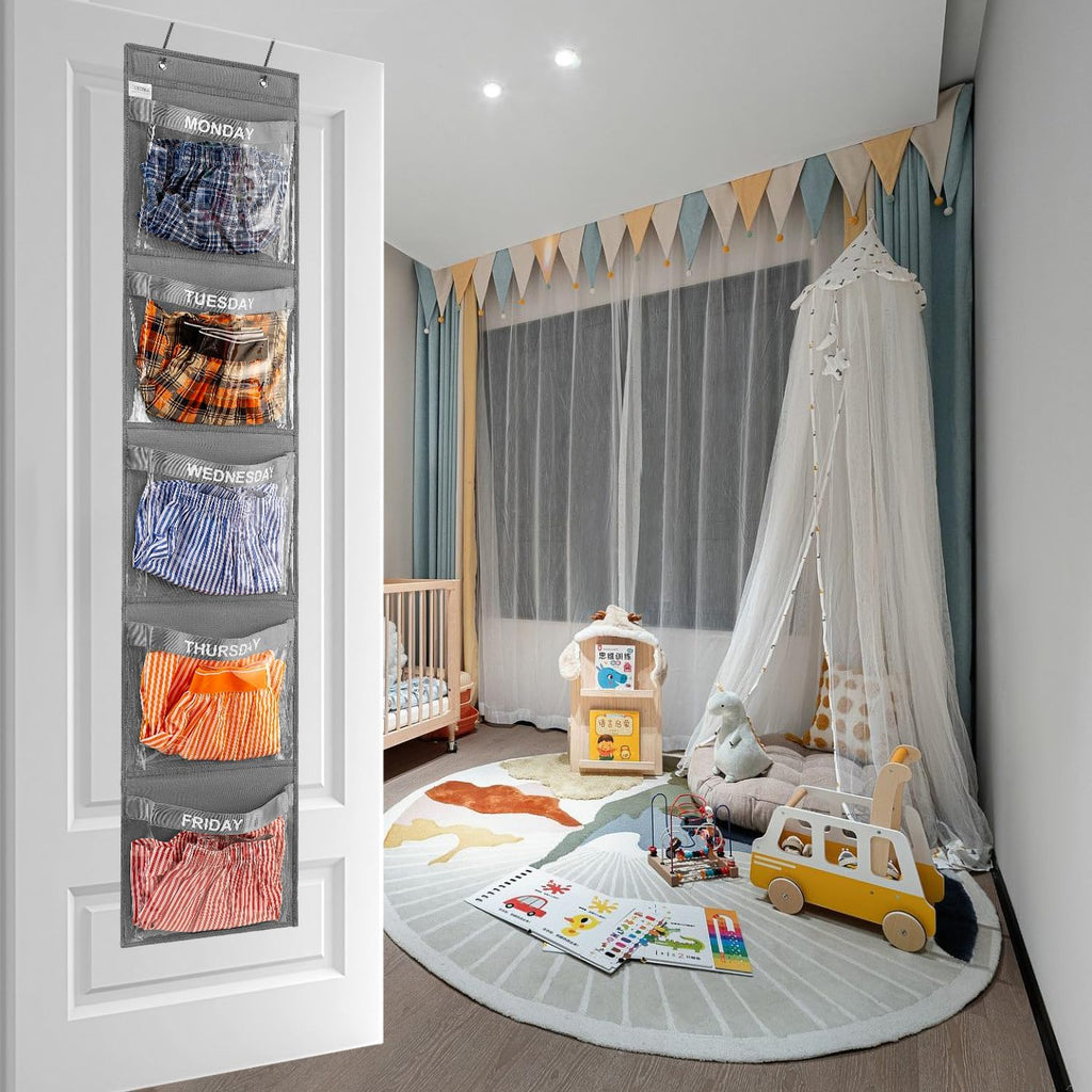Day of Week Kids Clothes Organizer Weekly Hanging Closet Organizer Monday to Friday School Clothing Storage (GREY)
