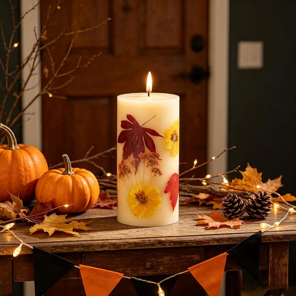 Fall Flameless Pillar Candles, Battery Operated with Remote & Timer, Real Wax Embedded Maple Leaf & Marigold, Straight Edge Unscented Led Candles for Halloween Thanksgiving Harvest Home Decor