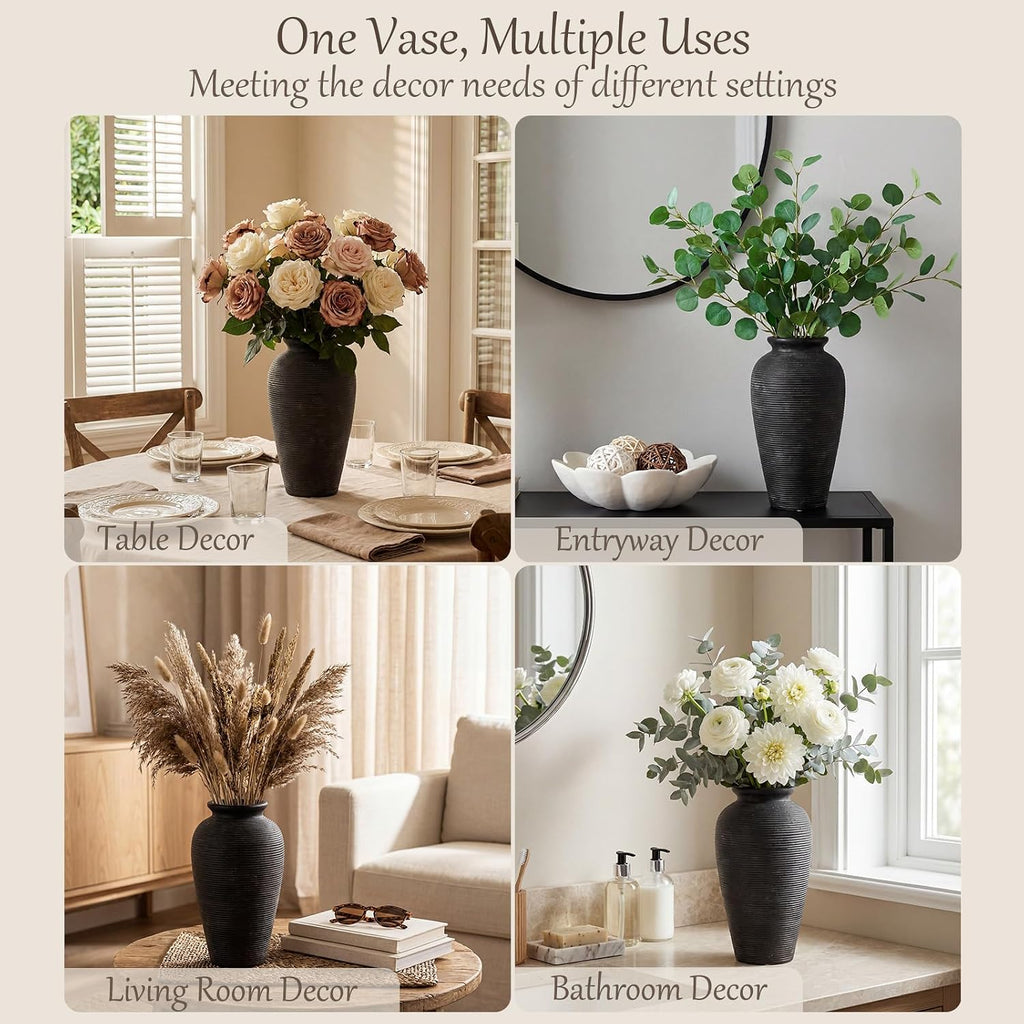 11.02 Inch Tall Vintage White Ceramic Flower Vase, Rustic Farmhouse Beige Stone Texture Vase for Home Decor, Decorative Terracotta Vase for Table Centerpiece Living Room Bathroom (Black-11.02'')