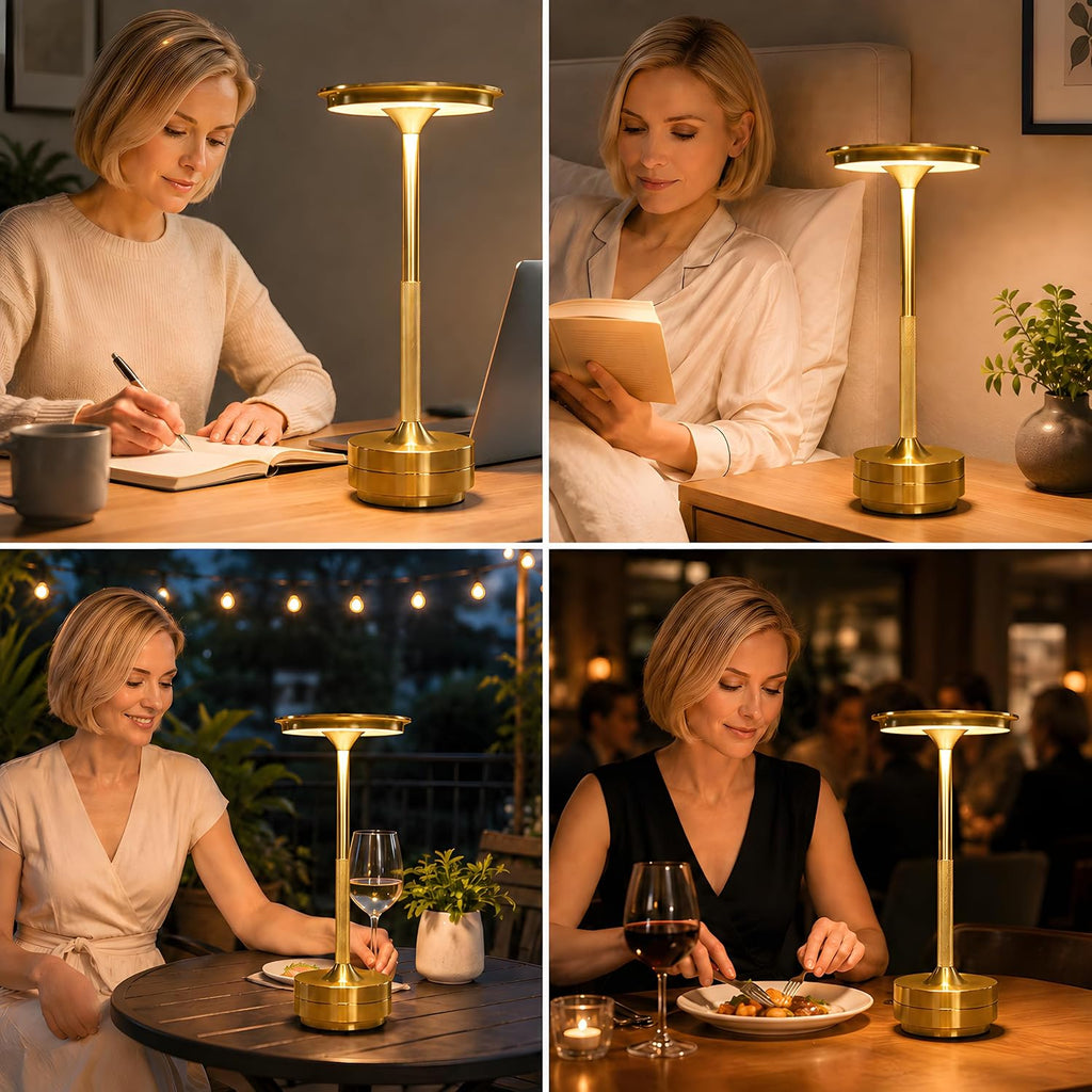 Cordless Rechargeable LED Table Lamp, 11.5 inches Modern Portable Desk Lamps 3 Colors Adjustable Brightness, 2600 mAh Battery Powered Table Light for Bar Restaurant Dining Golden 1Pcs