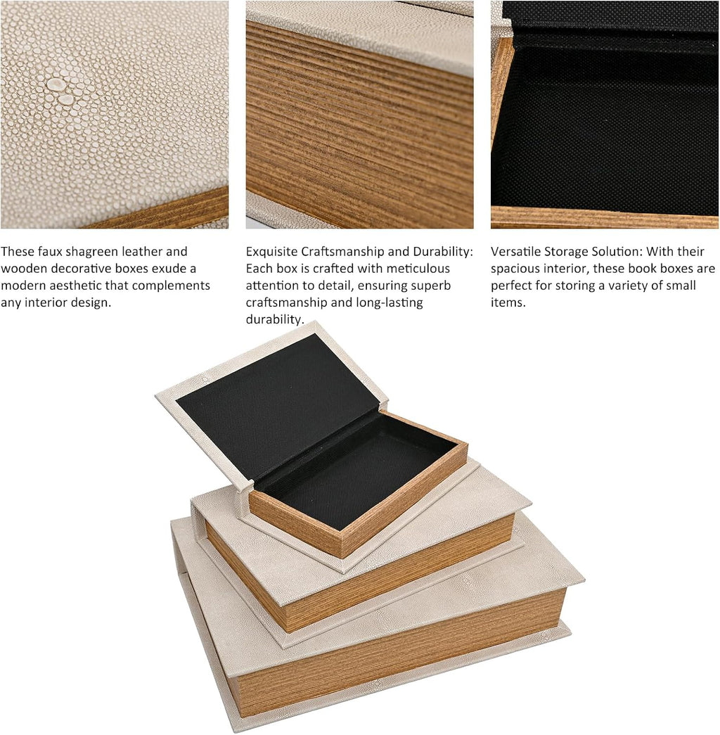 Modern Faux Shagreen Leather Decorative Book Boxes Set of 3(13",10",8")