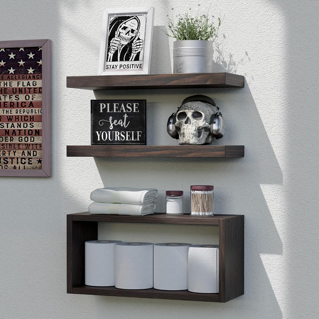 RICHER HOUSE 3-Set Walnut Floating Wall Shelves, Bathroom Shelf Over Toilet