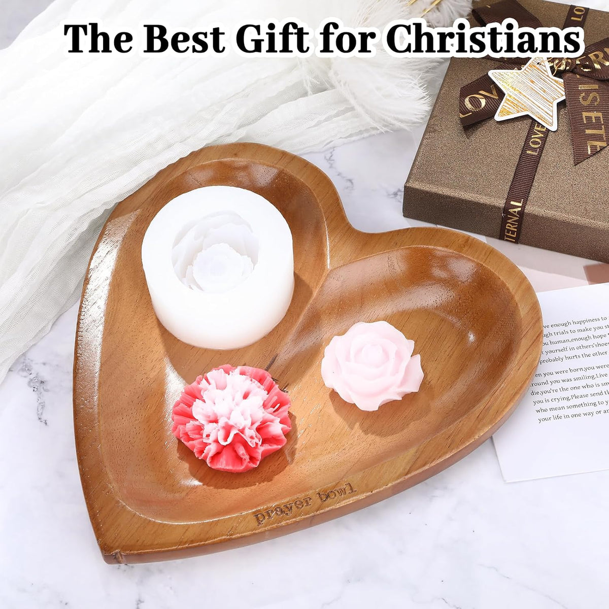 Prayer Bowl Wooden, Decorative Heart Shaped Bowl with Prayer Cards for Women, Christian Gifts for Women, Decorative Dough Bowls for Home Decor, Mothers Day Religious Gifts for Mom (Wood)
