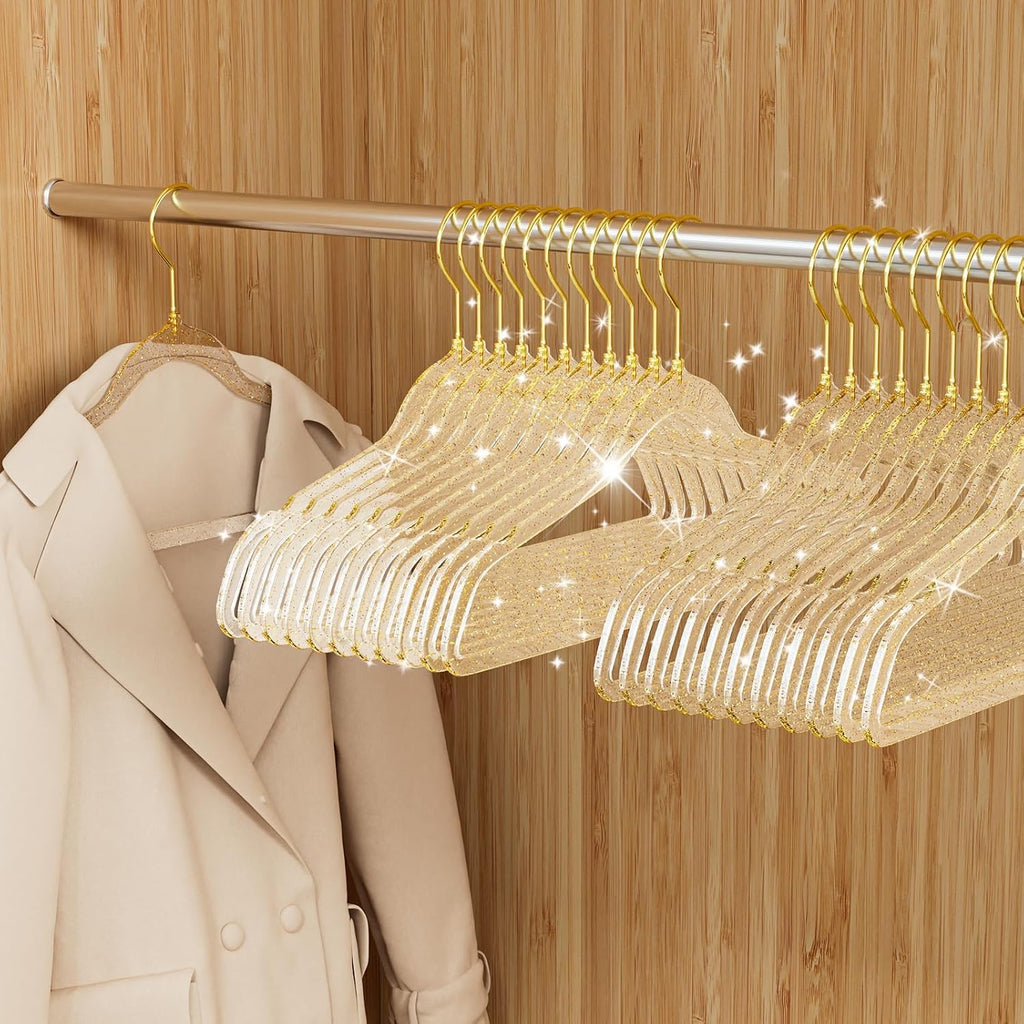 50 Pack Clear Acrylic Hangers with Gold Glitter, Space Saving