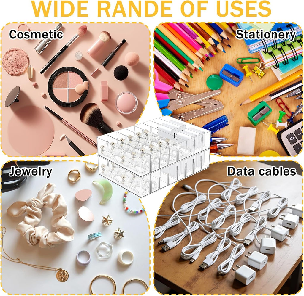 2Pcs Cable Charger Organizer Box with 16Pcs Wire Ties Large Plastic Cords Storage Organizer with Adjustable Compartments Electronics Organizer Stackable Cord Storage Box for Drawer Home Office, Clear