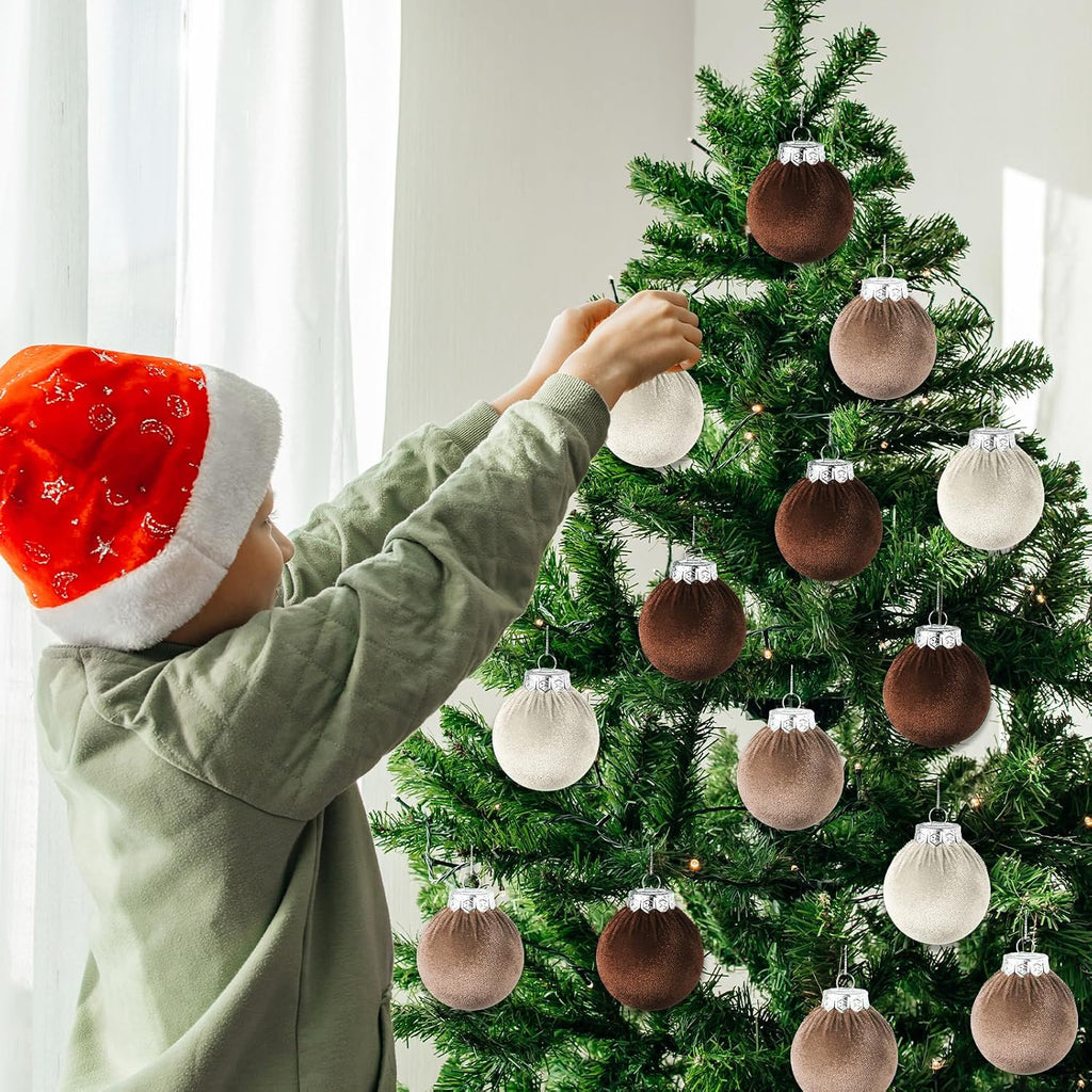 Velvet Christmas Balls Set 30pcs Velvet Christmas Tree Ornaments Shatterproof Xmas Hanging Balls Decorative Hanging for Xmas Holiday Family Home Store Indoor Decor,2.4inch,Neutral,Champagne,Brown