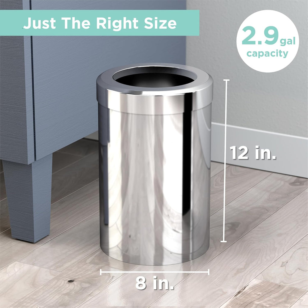 Gatco Small Bathroom Trash Can with Lid, Round 3 Gallon Stainless Steel Wastebasket, Under Sink, Chrome, for Bathroom, Bedroom, Office (1910)