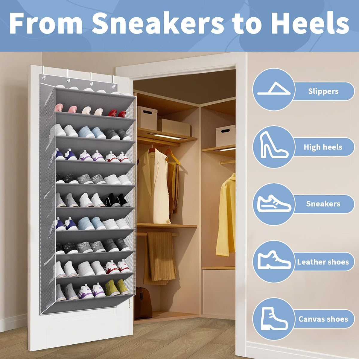 TAHAVICE 30 Pair Over the Door Shoe Organizer, Hanging Closet Shoe Storage