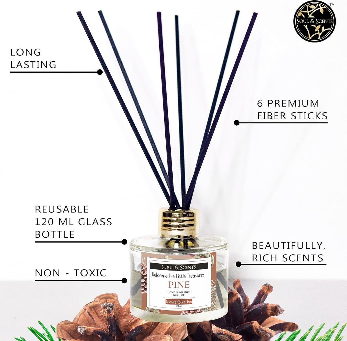 Soul & Scents Pine Scented 4.06 oz (120ml) Reed Diffuser Set with 6 Fiber Sticks for Room Decor | Home Fragrance Reed Diffuser | Air Freshners for Home