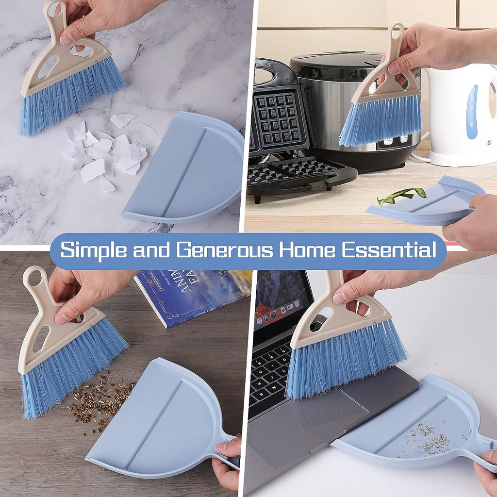 cobee Small Broom and Dustpan Cleaning Set, Mini Whisk Dustpan and Brush with Handle Portable Table Top Dust Pan Dining Table Crumb Sweeper Cleaning Tools with Soft Bristles for Housekeeping(Blue)