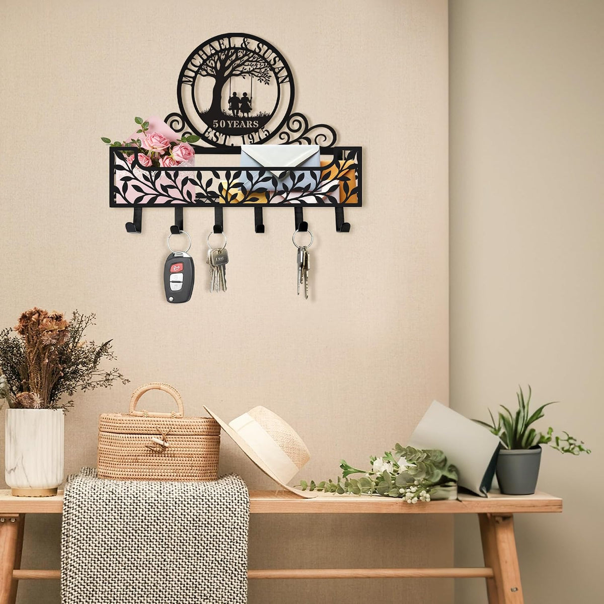 Personalized Metal Family Name Key and Mail Holder, Wall Mount Entryway Organizer with Hooks, Custom Key Rack for Kitchen, Bathroom, and Home Storage