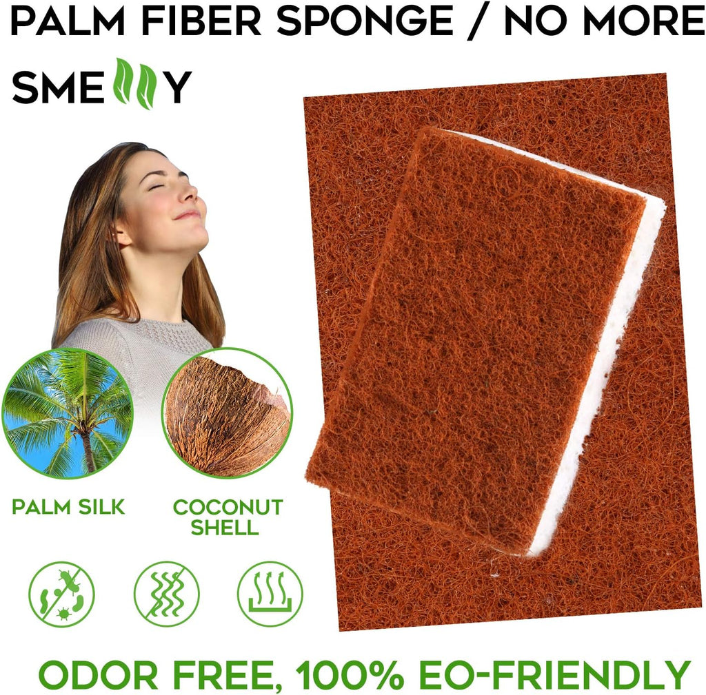 Natural Plant Based Scrub Sponge 12 Pack, Palm Fiber Scrubbing Sponge with Non Scratch Biodegradable Compostable Sponges,Long Lasting No Smell Dishwashing Kitchen Scrubber