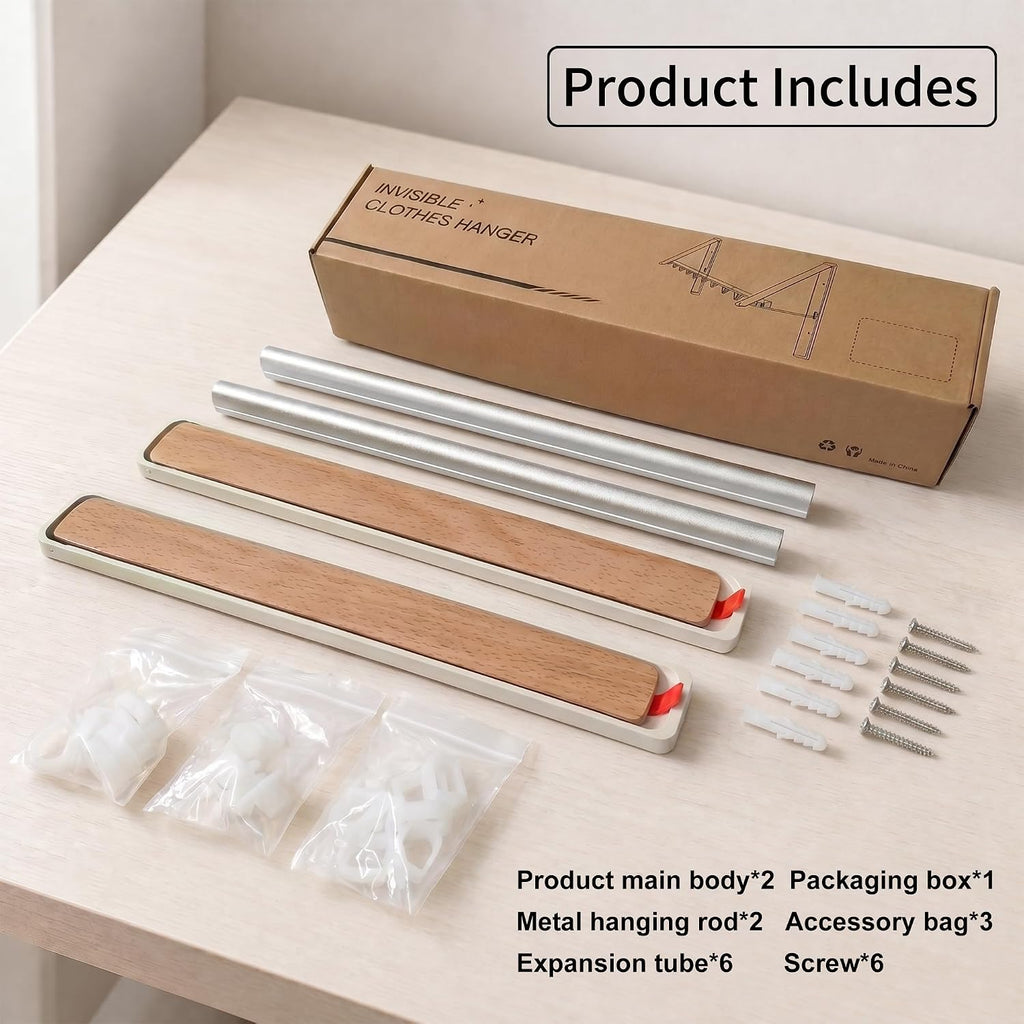 LEQ Clothes Drying Rack Wall Mounted, Foldable Laundry Drying Rack with Wood-Tone Aluminum Frame, Rustproof Retractable Clothes Hanger for Small Laundry Room, Bathroom, Balcony,(White, 2 Racks + Rod)