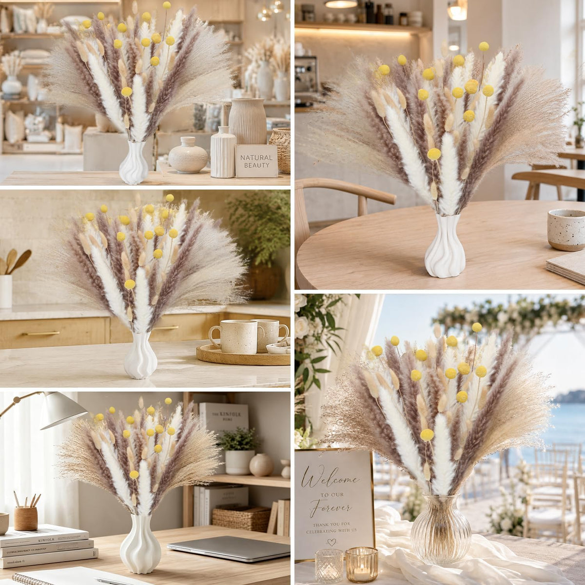 100PCS Boho Flowers Bouquet 17inch Natural Dried Pampas Grass for Vase