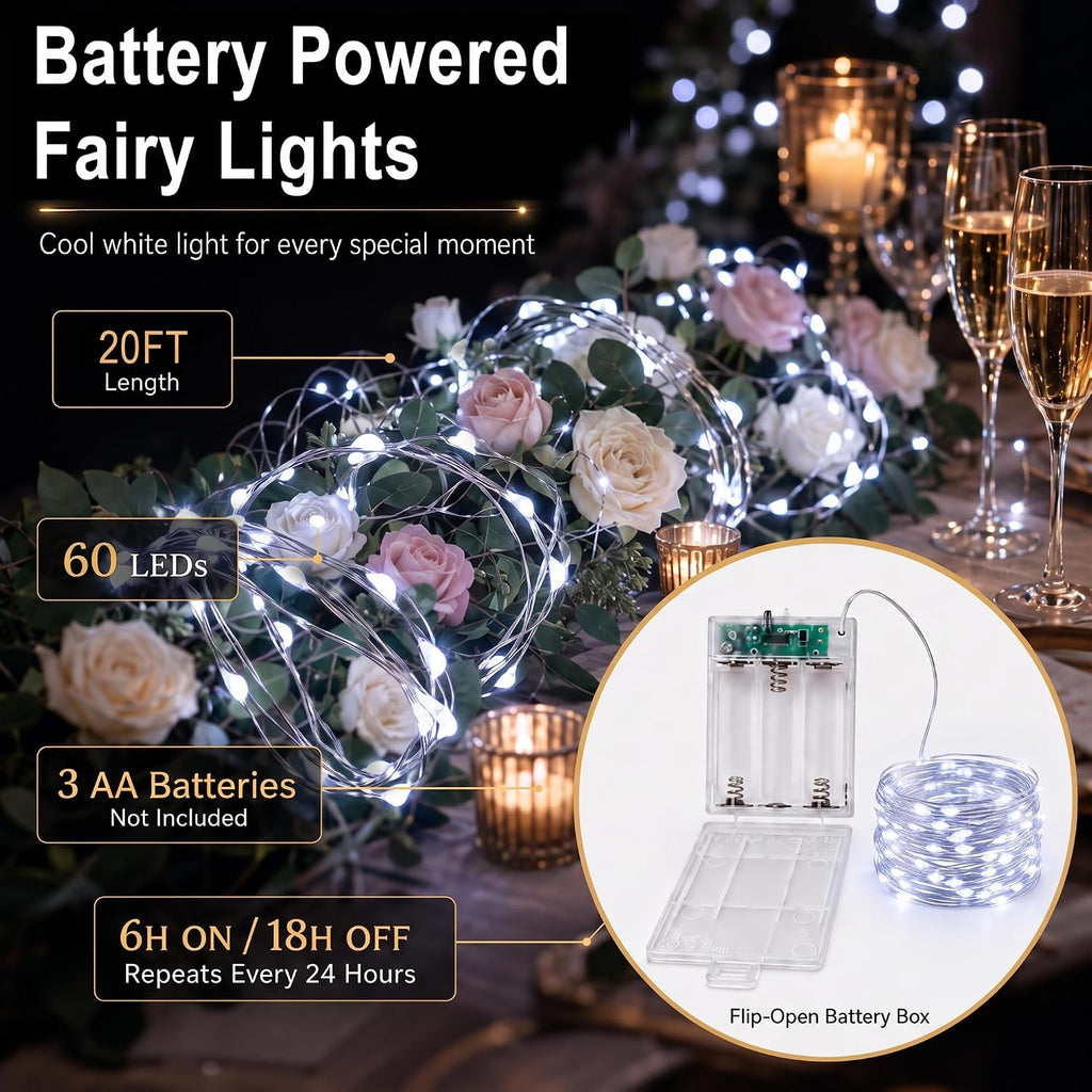 Adamonda 4 Pack Twinkle Fairy Lights Battery Operated,80FT Total (20FT per Strand), 240 Mini LEDs, IP65 Waterproof String Lights for Bedroom Christmas Party Indoor & Outdoor Decoration(Cool White)