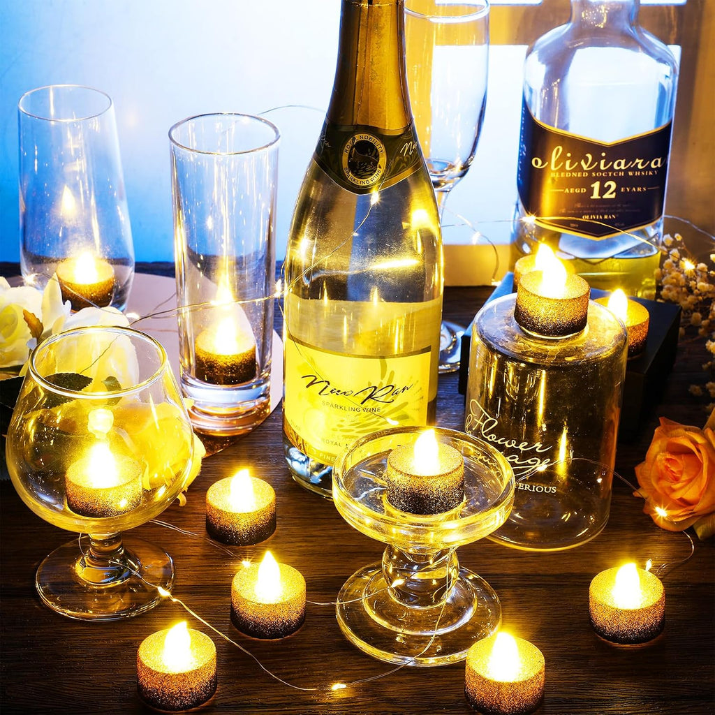 Rossesay 24 Pcs Black Gold Flameless LED Tea Lights Glitter Candles