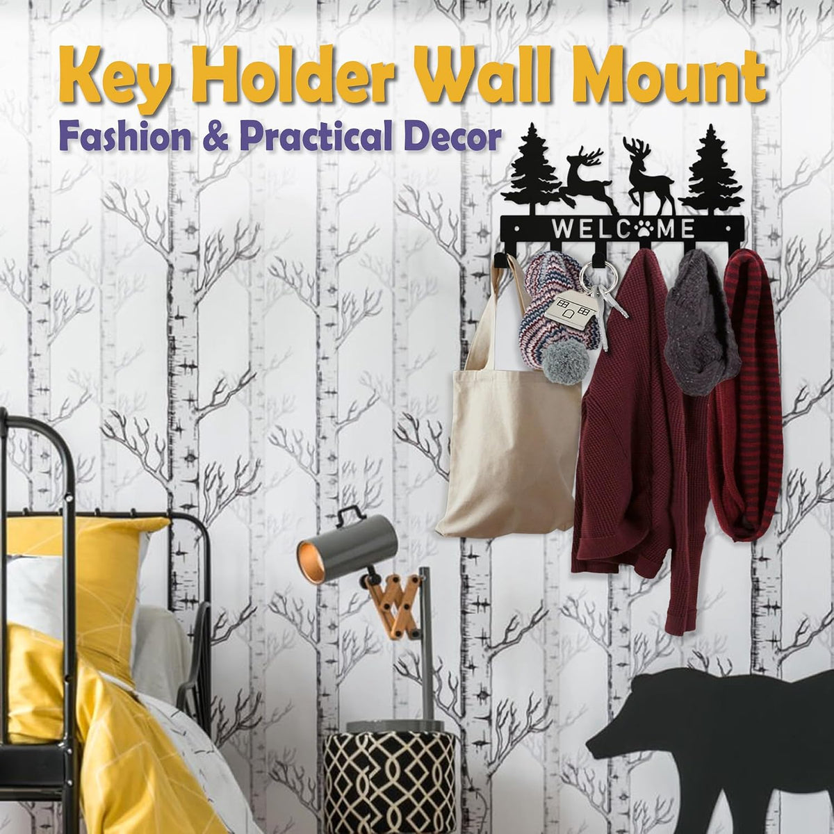 Key Holder for Wall, Black Metal Deer Tree Style, 6 Hooks