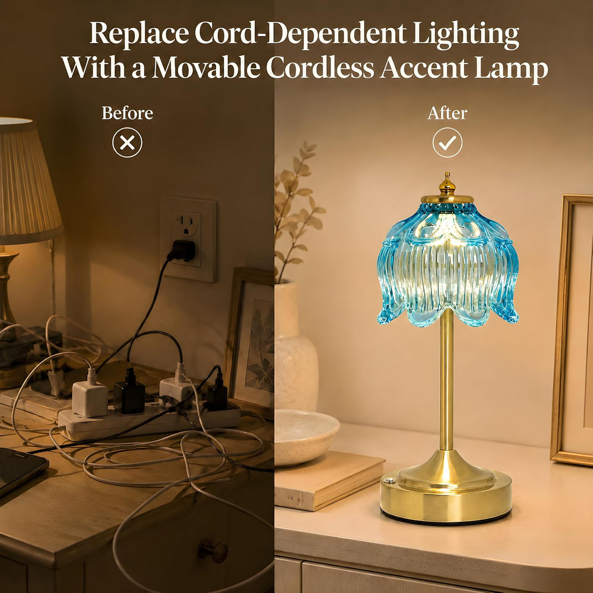 Lotus Flower Table Lamp, Cordless Rechargeable Amber Glass Bedside Lamp | 3600mAh Battery, Touch Control, 3 Color Modes & Stepless Dimming for Bedroom, Nightstand Lake Blue 2PC