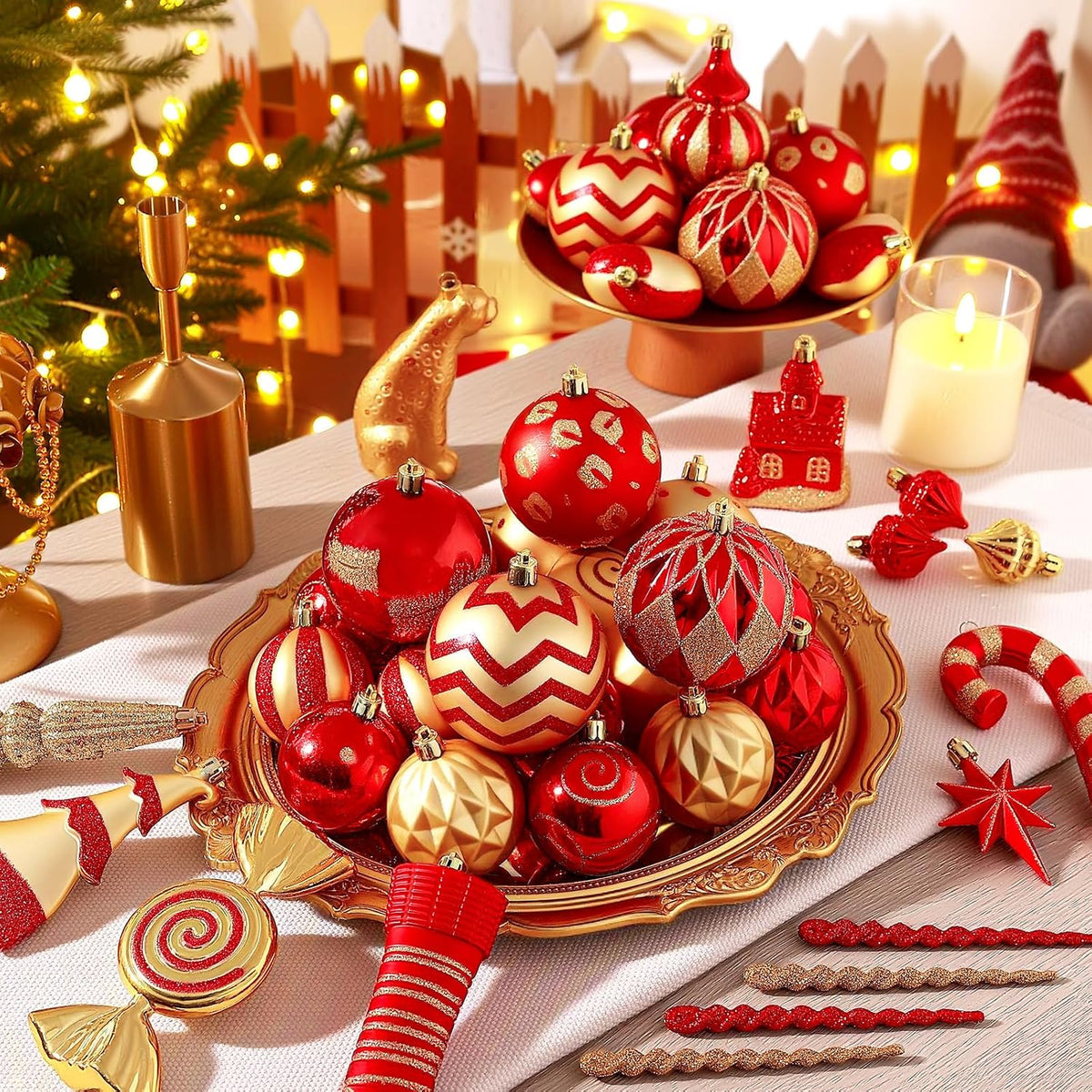 SHareconn 145pcs Christmas Balls Ornaments Set, Shatterproof Plastic Baubles Snowflakes, Stars and Tree Topper for Xmas Tree Holiday Wedding Party Decorations with Hanging Strings, Gold and Red