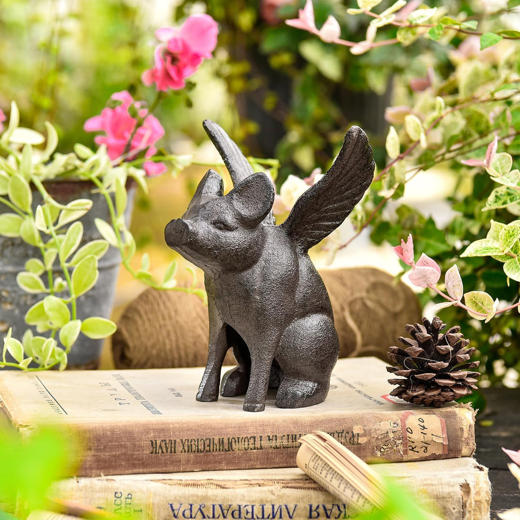 Sungmor Cast Iron Flying Pig Statue, Doorstop - Rustic Brown
