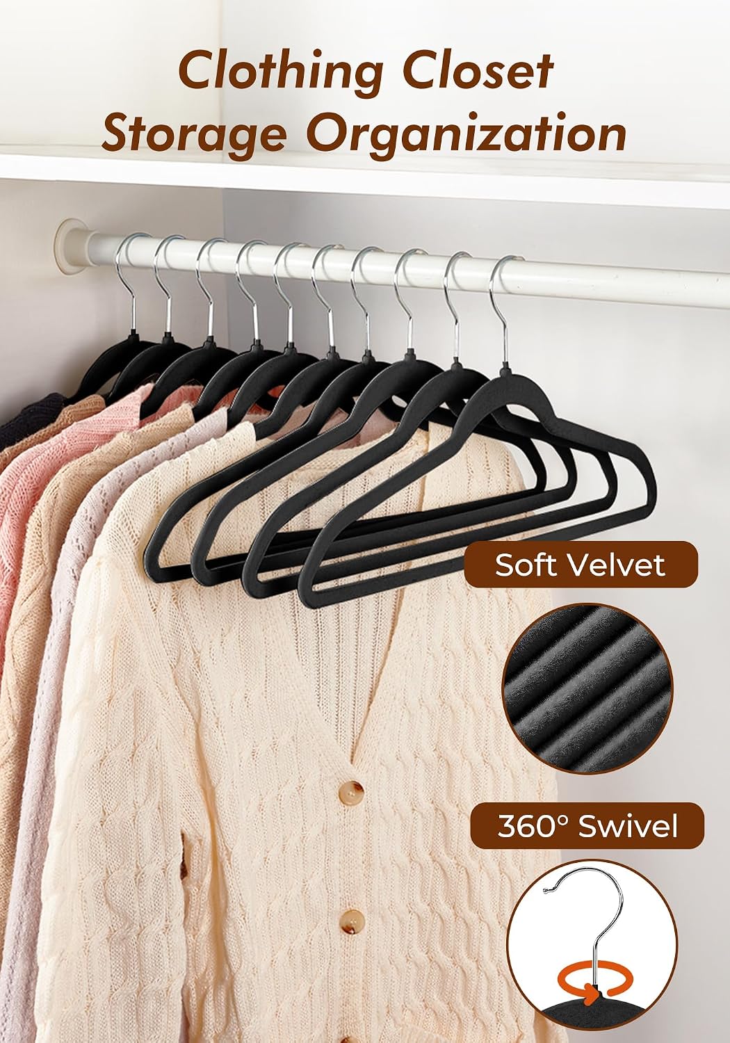 HOUSE DAY Black Velvet Hangers 50 Pack - Non Slip Felt Hangers, No Wrinkles