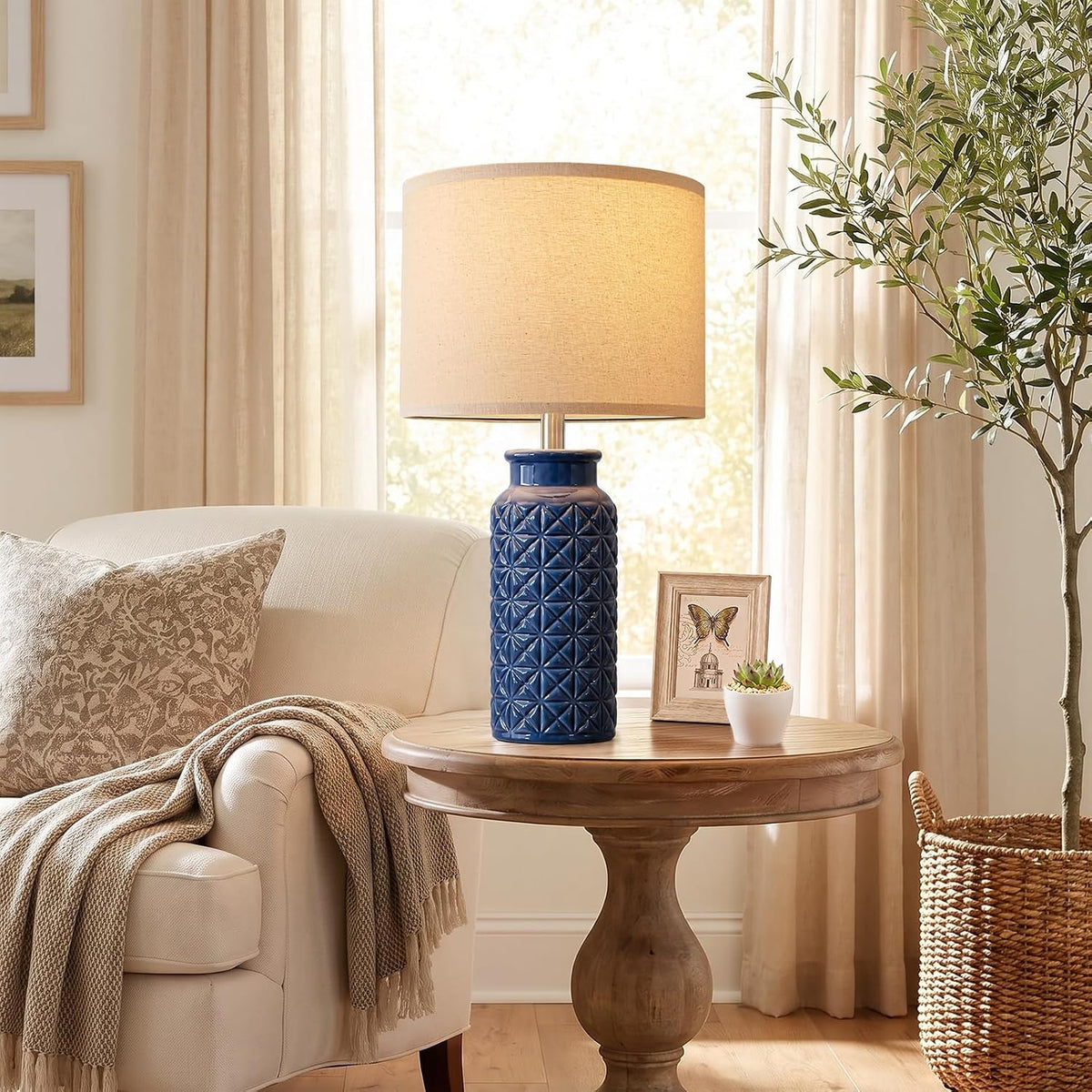 Innqoo 22.6" Modern Ceramic Bedside Lamps Set of 2, Lamps for Bedroom,Blue