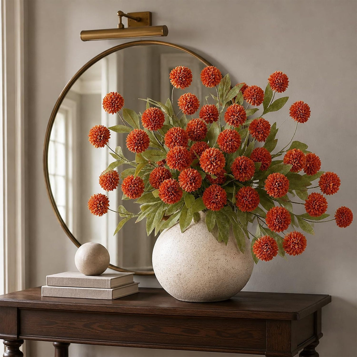 6Pcs 27"Artificial Fall Pompon Mum Stems Silk Flower for Vase Decor(Orange)