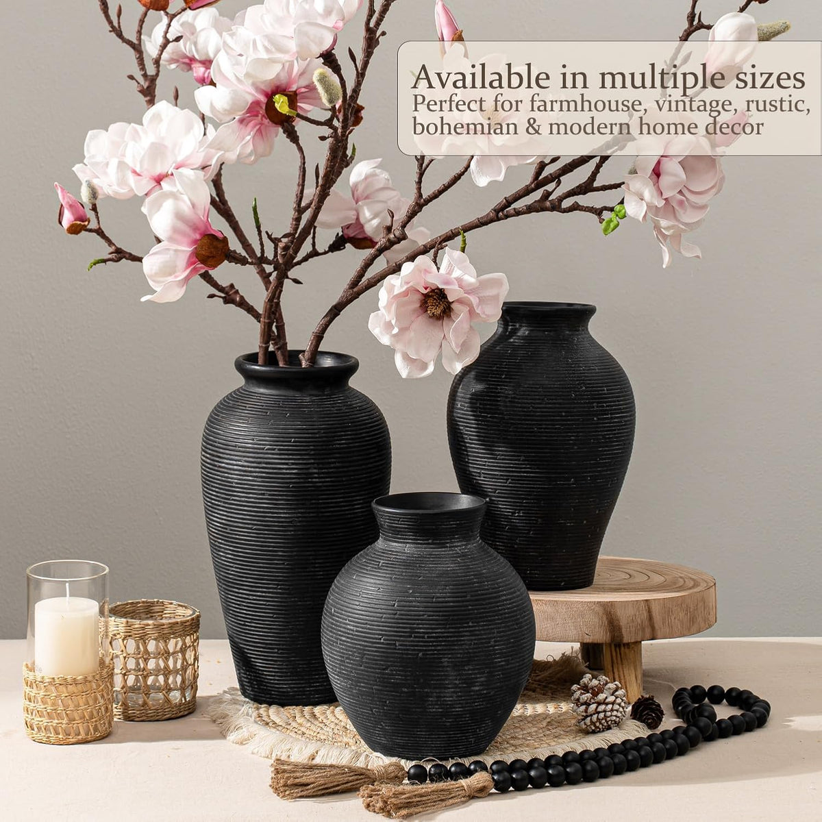 11.02 Inch Tall Vintage White Ceramic Flower Vase, Rustic Farmhouse Beige Stone Texture Vase for Home Decor, Decorative Terracotta Vase for Table Centerpiece Living Room Bathroom (Black-11.02'')