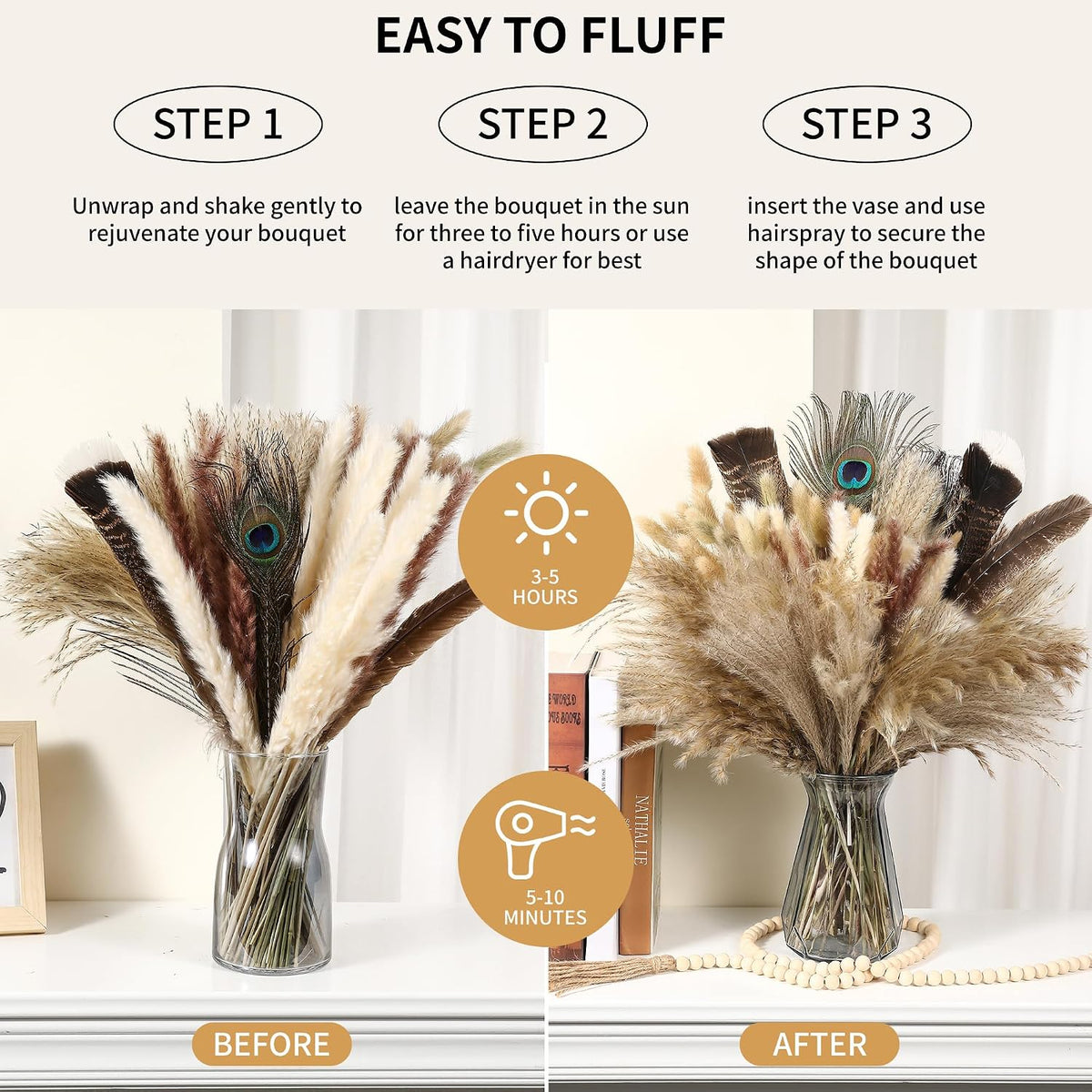 Bpole Dried Pampas Grass 100 Pcs 16-17in Boho Bouquet
