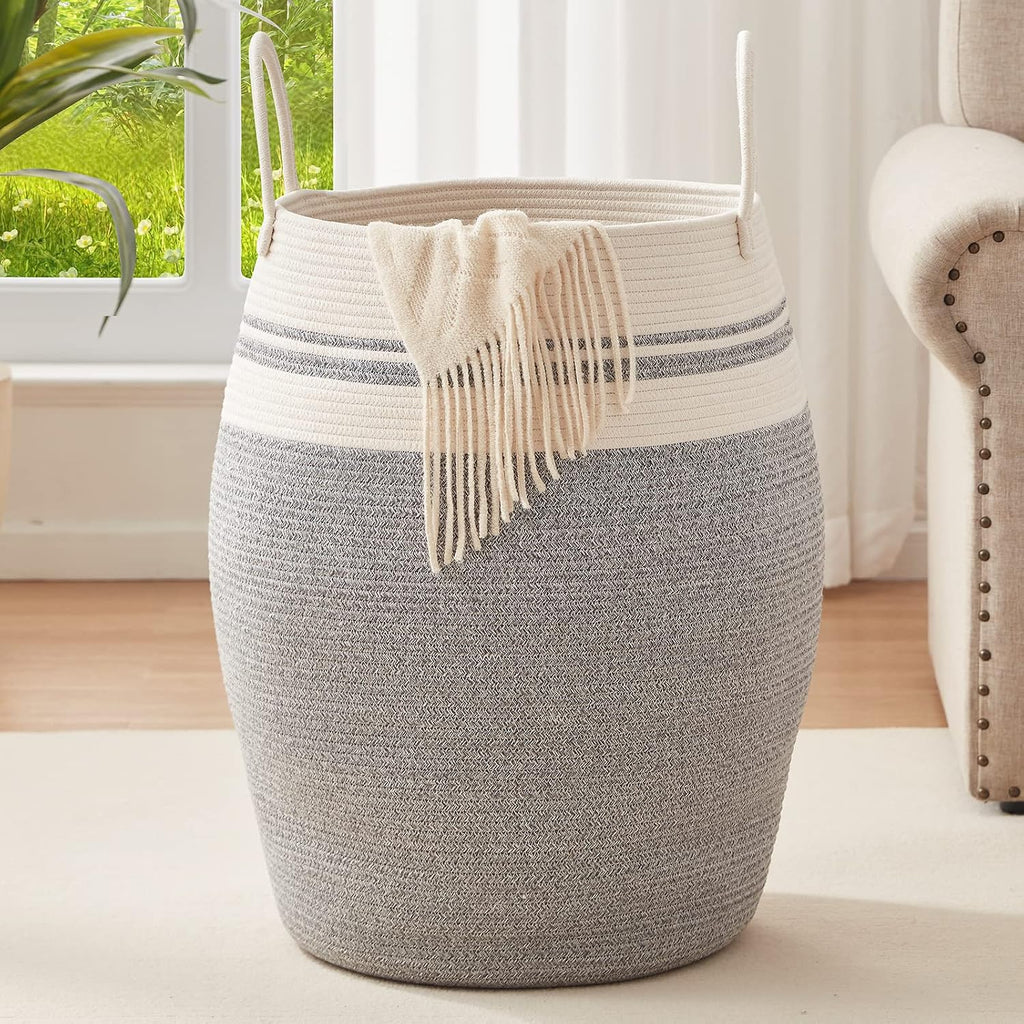 OIAHOMY 105L Laundry Hamper Cotton Rope Large Clothes Hamper White & Grey