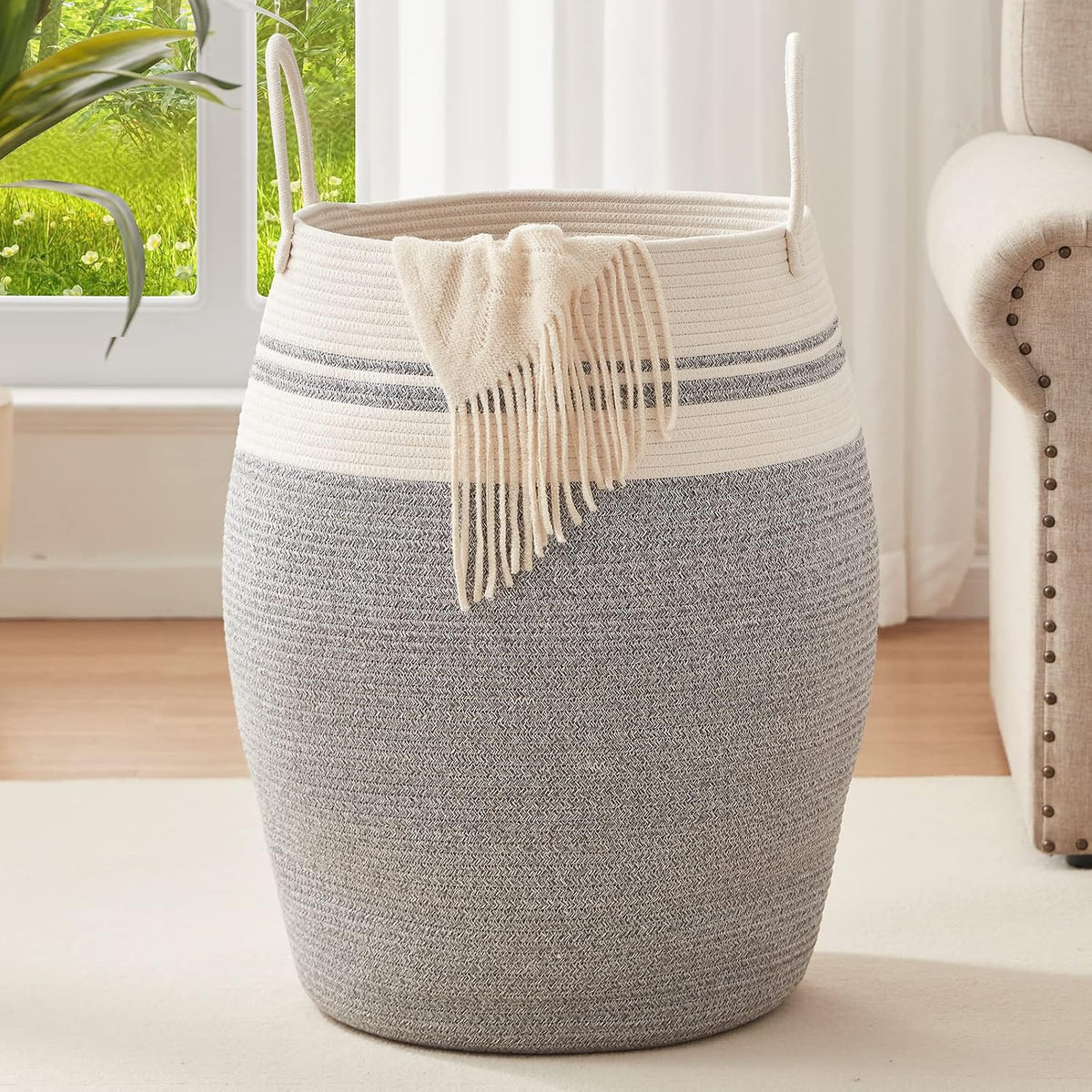 OIAHOMY 105L Laundry Hamper Cotton Rope Large Clothes Hamper White & Grey