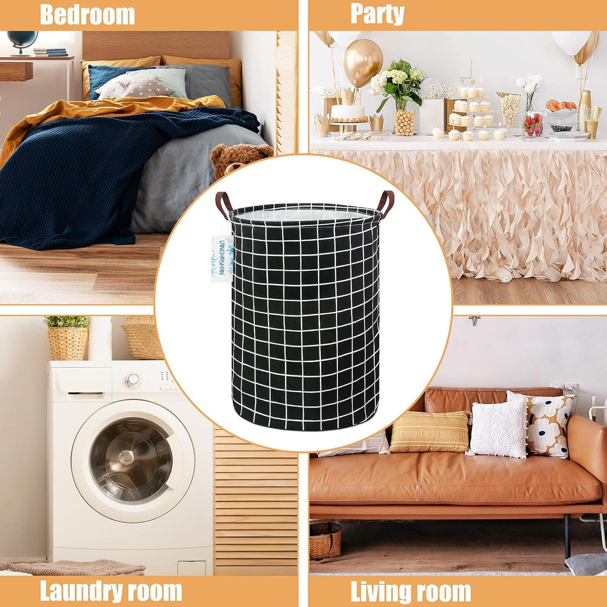 Round Laundry Basket Collapsible Storage Hamper Organizer Black Grid