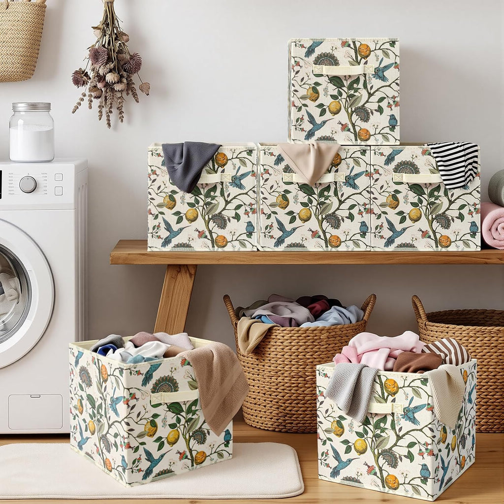 BBSET 6 Pcs Birds Flora Boho Cube Storage Bins 12.5 inch with Handle