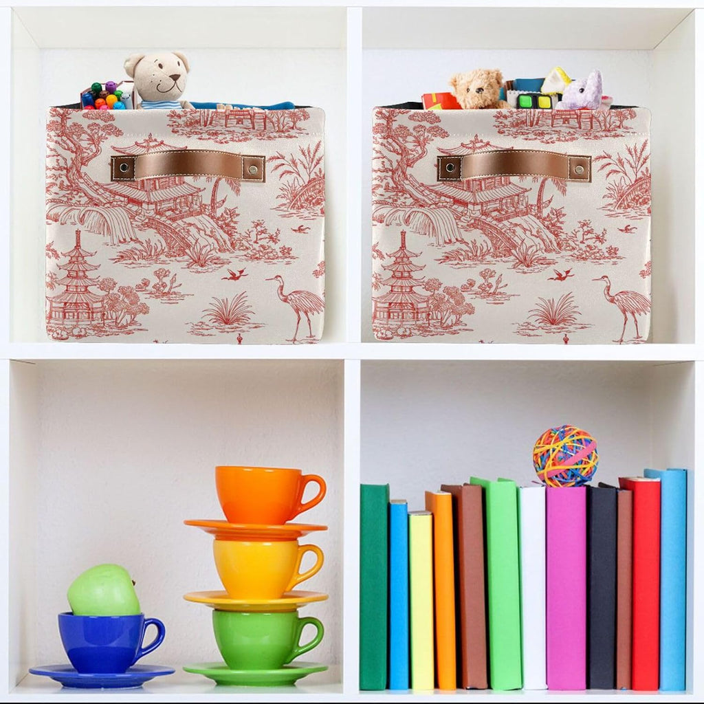 Chinoiserie Style Storage Baskets,Decorative Collapsible Rectangular Canvas Fabric Storage Bin for Home