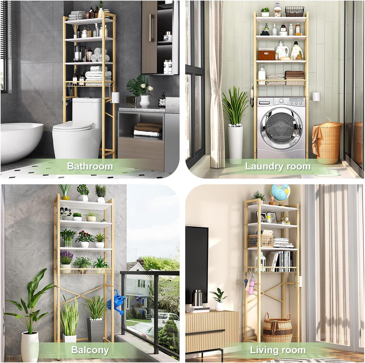 Kalrin Over-The-Toilet Storage Rack, 4-Tier Bathroom Organizer Shelf Over Toilet with Adjustable Shelf and Basket, Freestanding Space Saver Bathroom Shelves Above Toilet for Room (MetalWood-White)