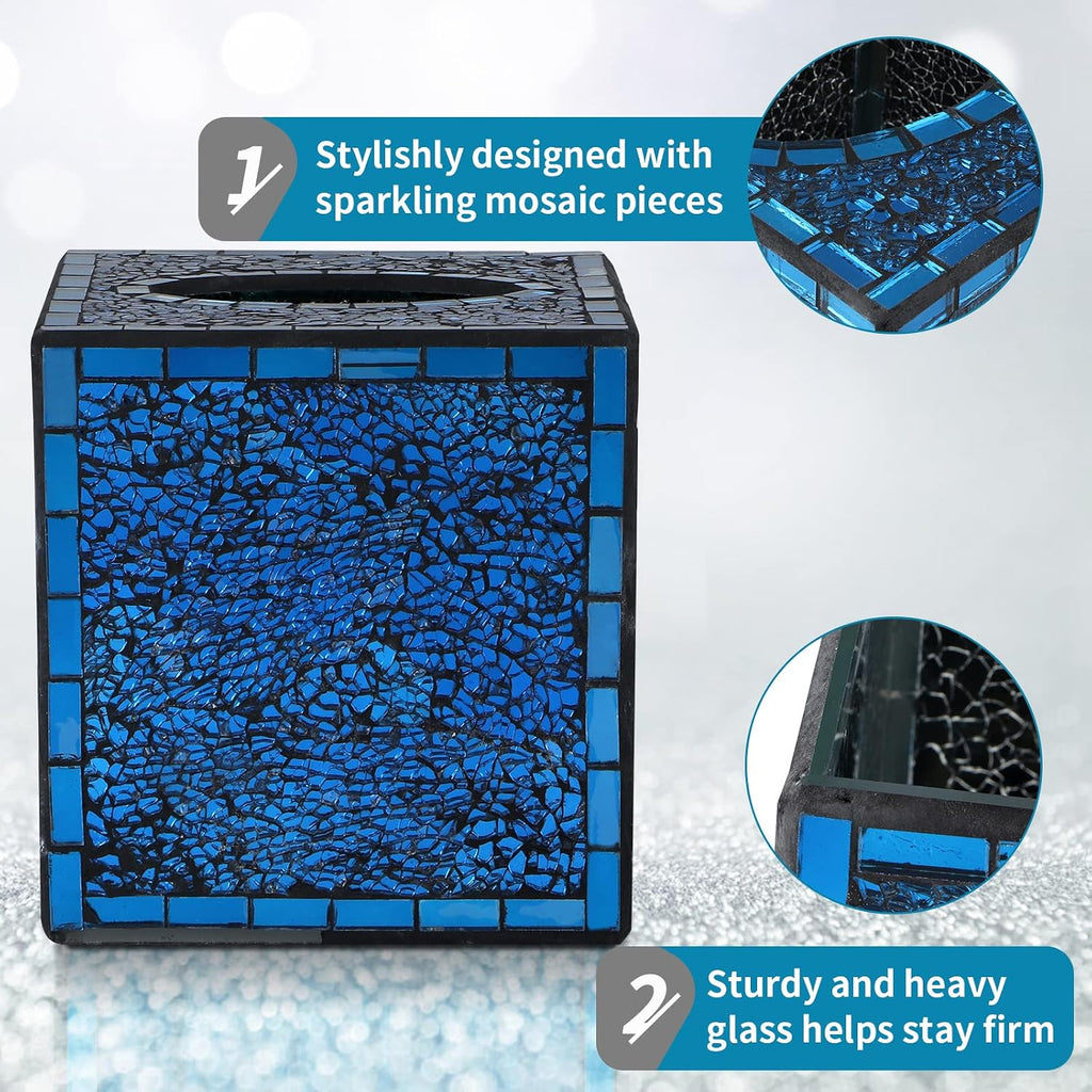 MDLUU Mosaic Glass Tissue Box Holder, Decorative Tissue Box Cover, Square Tissue Dispenser for Bathroom, Bedroom, Living Room (Navy Blue)