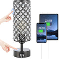 Black Crystal Touch Lamp with USB-C/A, 3-Dim Dimmable for Bedroom, Modern
