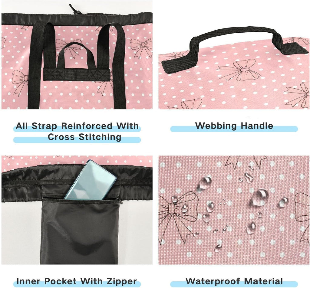 Bow Polka Dot Light Laundry Bag Backpack Bags Mesh Wash Laundry Bags Dirty Clothes Organizer for Vacation Road Trip Essentials Dorm