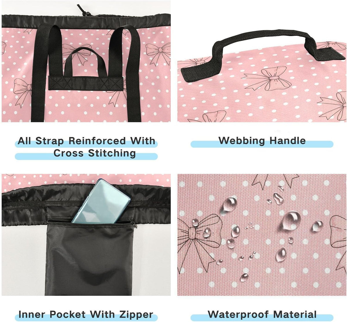 Bow Polka Dot Light Laundry Bag Backpack Bags Mesh Wash Laundry Bags Dirty Clothes Organizer for Vacation Road Trip Essentials Dorm
