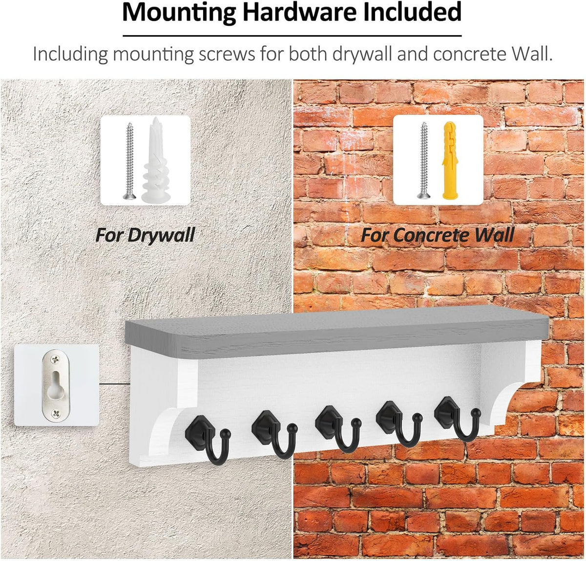 Nekon Key Holder for Wall, 11.8" W x 3.5" H x 2.8" D Wall Shelf, Gray