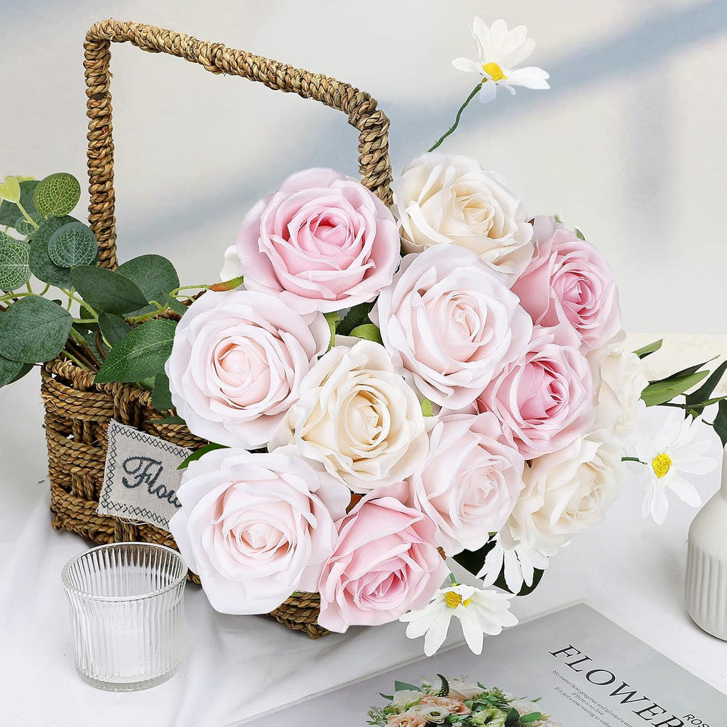 48 PCS Champagne & Pale & Light Pink Roses Artificial Flowers
