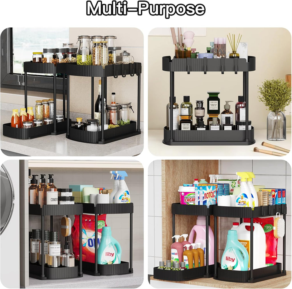 2 Packs Under Sink Pull-Out Storage Organizers, 14.8 Inches, Black