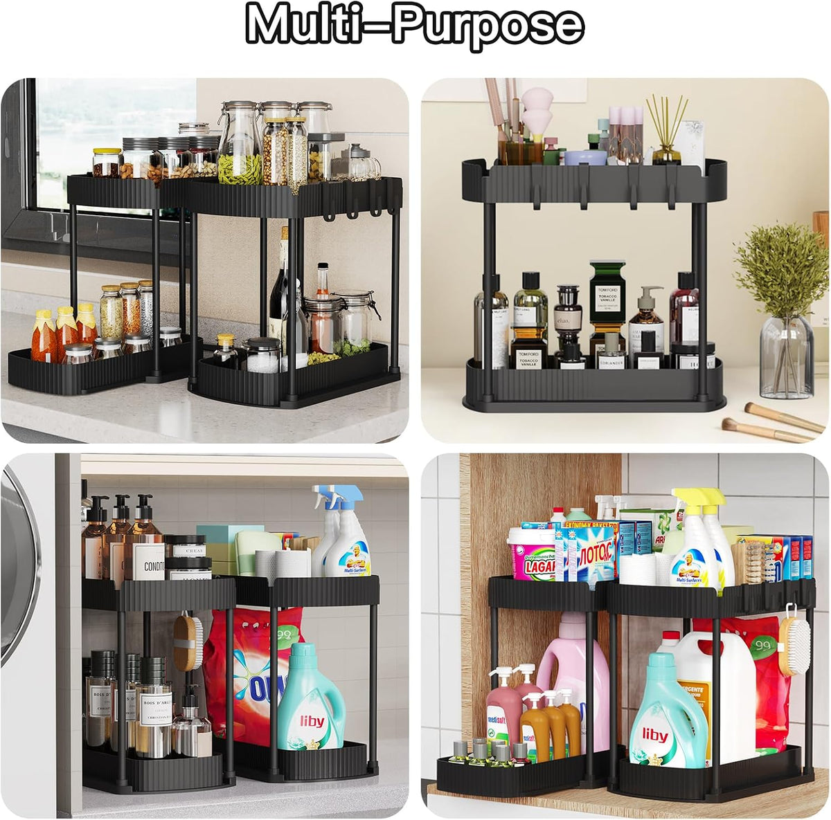 2 Packs Under Sink Pull-Out Storage Organizers, 14.8 Inches, Black