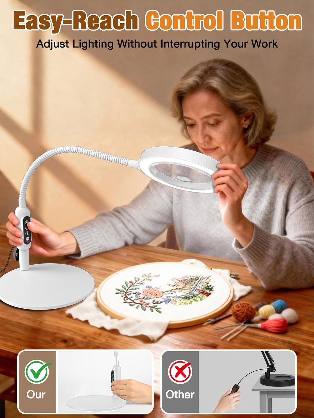 30X 10X Magnifying Glass with Light and Stand, 5 Color Modes Stepless Dimmable, Optical Grade HD Lens, LED Lighted Magnifier Hands Free with 20.5in Flexible Gooseneck for Close Work - White