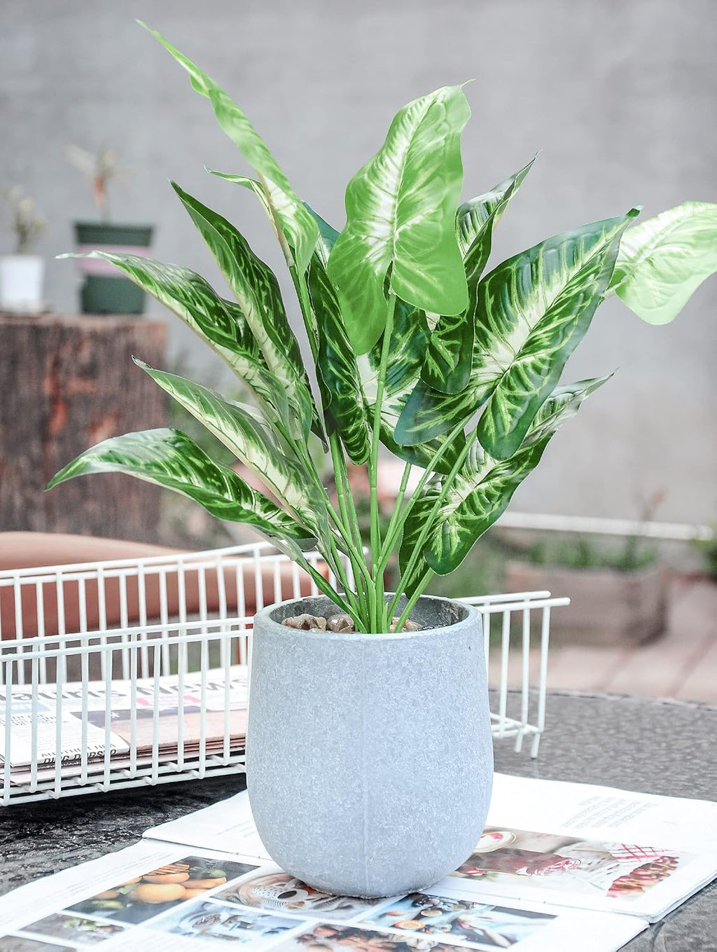 Der Rose 16" Fake Plant Potted Taro Leaf with Rocks for Home Decor