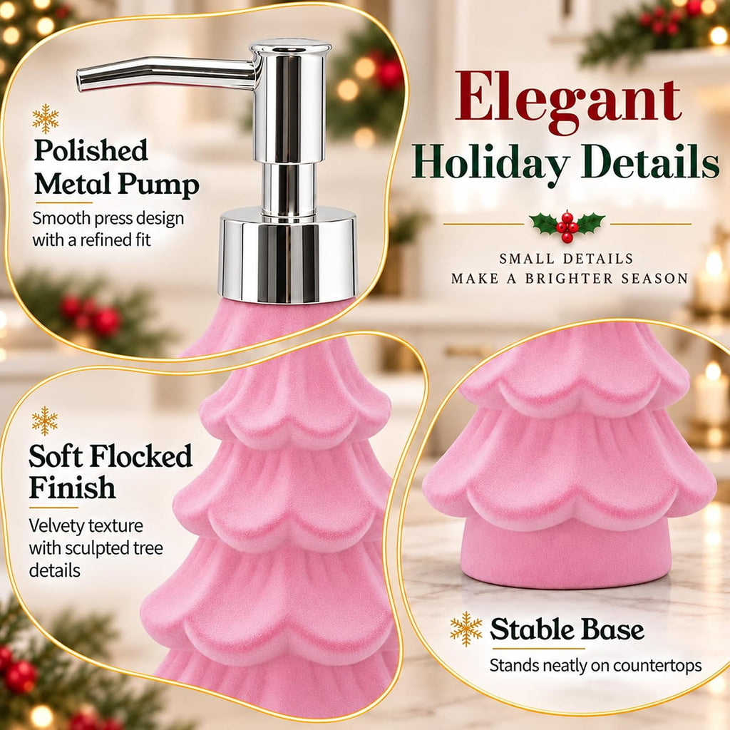 Christmas Soap Dispenser, Flocked Pink Christmas Tree for Bathroom Kitchen
